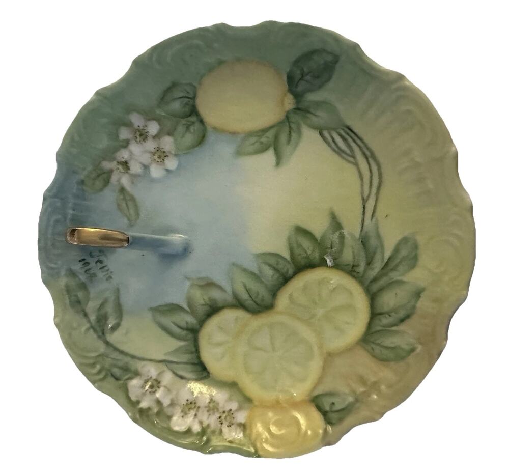 Spring Nappy Trinket Dish Lemon Gold Handle Signed 1969 Hand Painted Porcelain